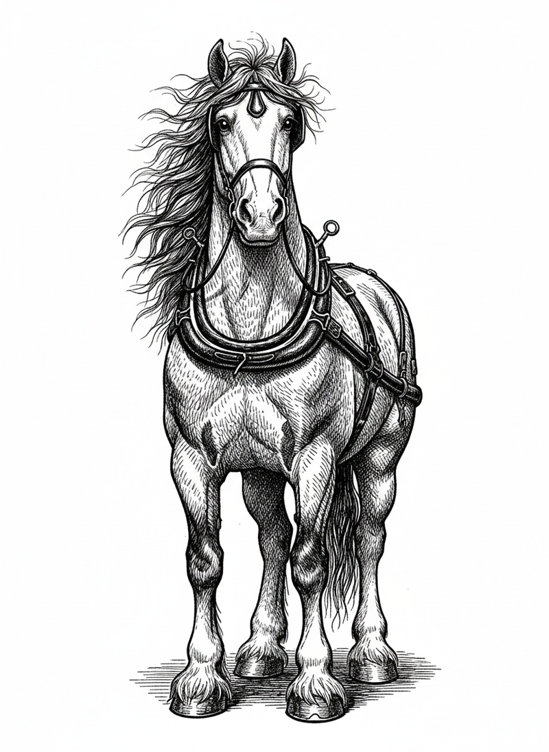 Thunder the Strong Work Horse in Victorian Illustration - Black & White Illustration
