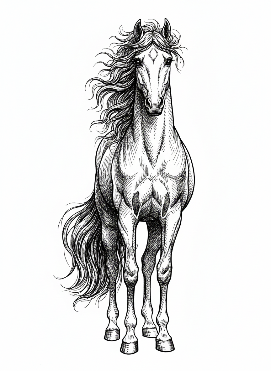 Willow the Graceful Mare - Black & White Illustration