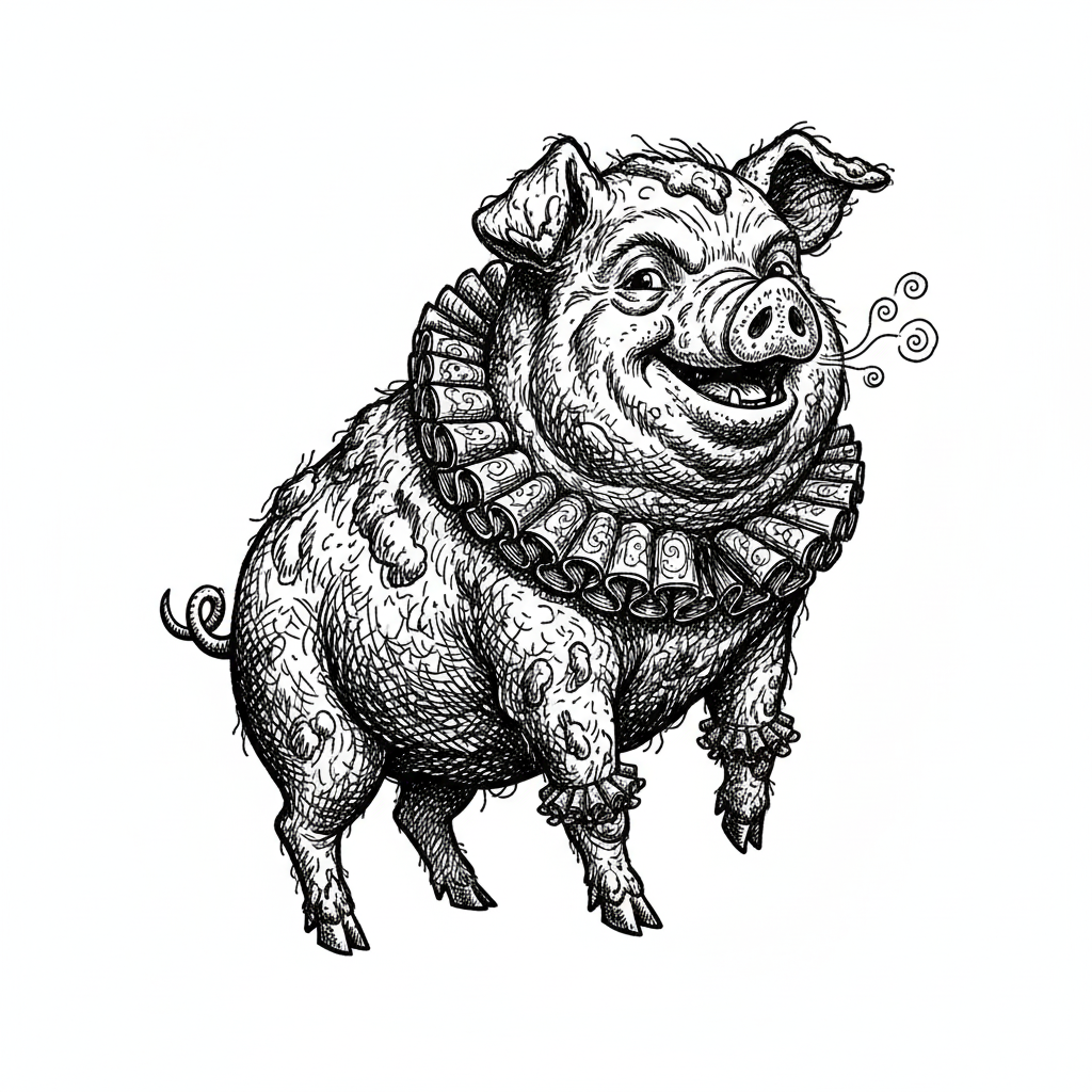 Muddles the Messy Pig - Black & White Illustration