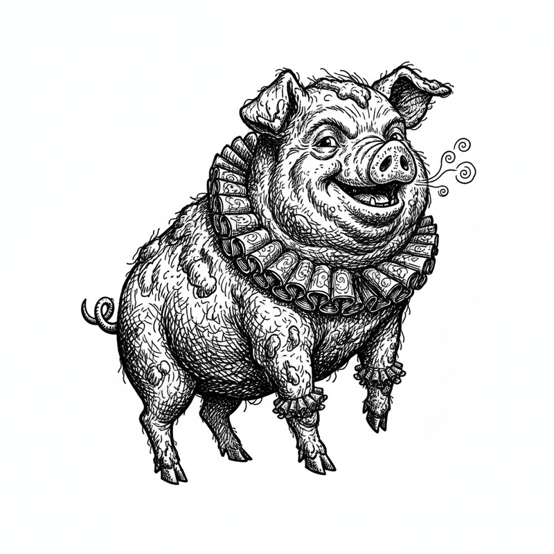 Muddles the Messy Pig in Victorian Illustration - Black & White Illustration