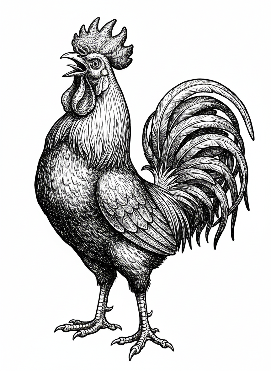 Rooster Red the Proud Cockerel - Black & White Illustration