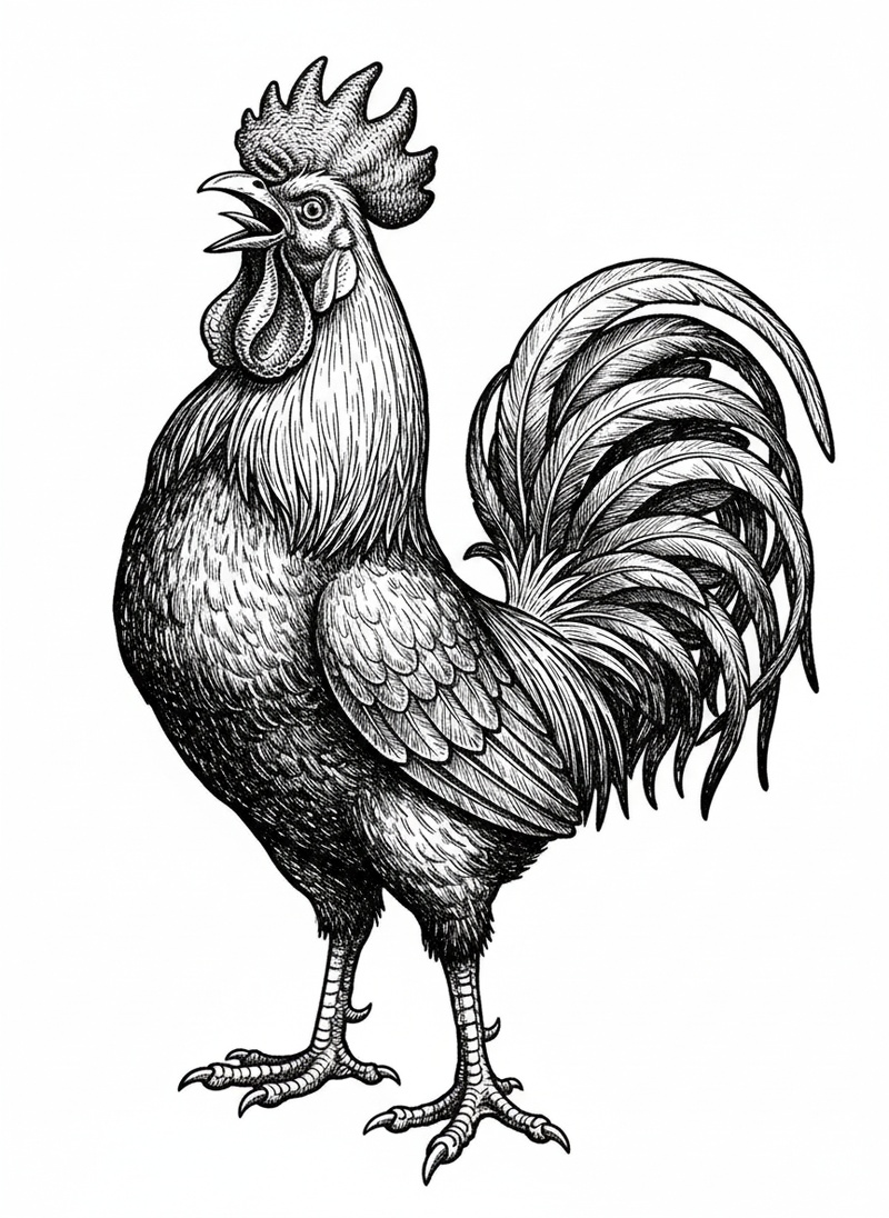 Rooster Red the Proud Cockerel in Victorian Illustration - Black & White Illustration