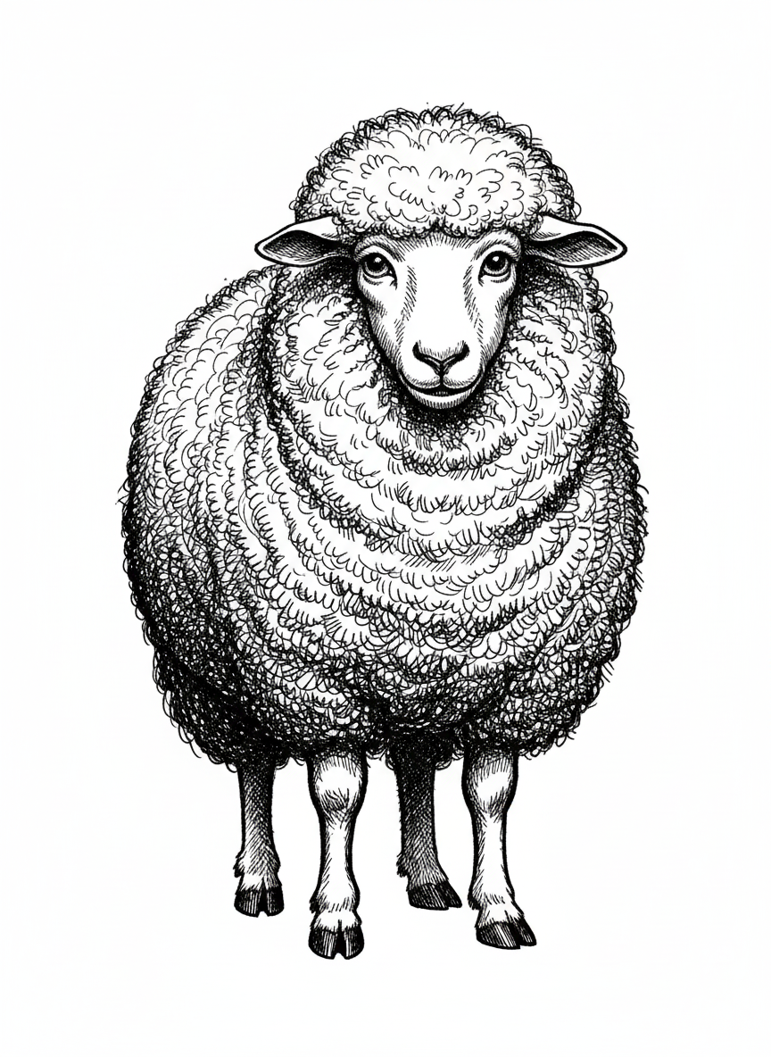 Wooly the Fluffy Sheep - Black & White Illustration
