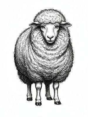 Wooly the Fluffy Sheep in Victorian Illustration - Black & White Illustration