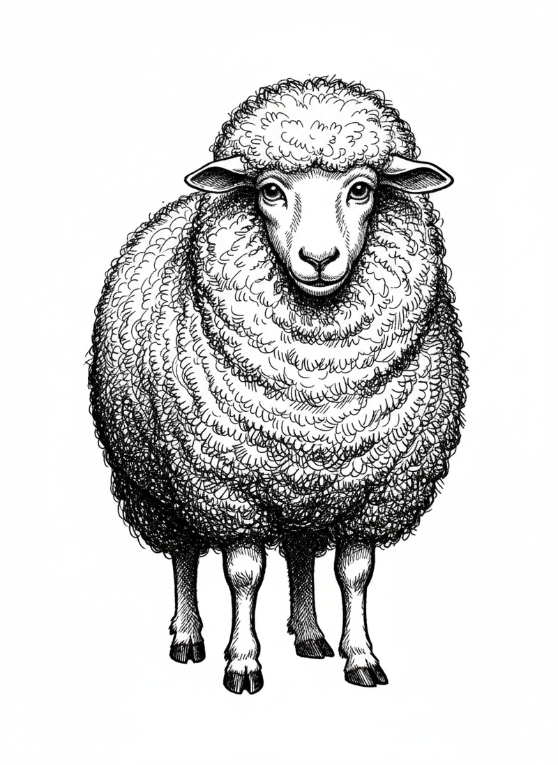 Wooly the Fluffy Sheep in Victorian Illustration - Black & White Illustration