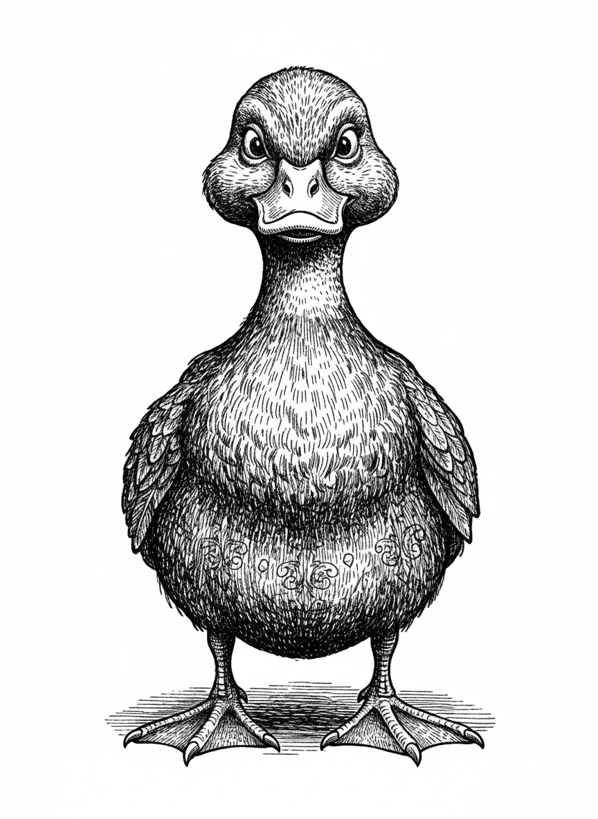 Ducky the Waddling Duck - Black & White Illustration