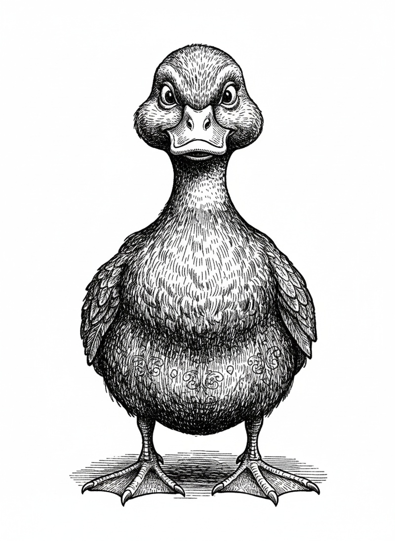 Ducky the Waddling Duck in Victorian Illustration - Black & White Illustration