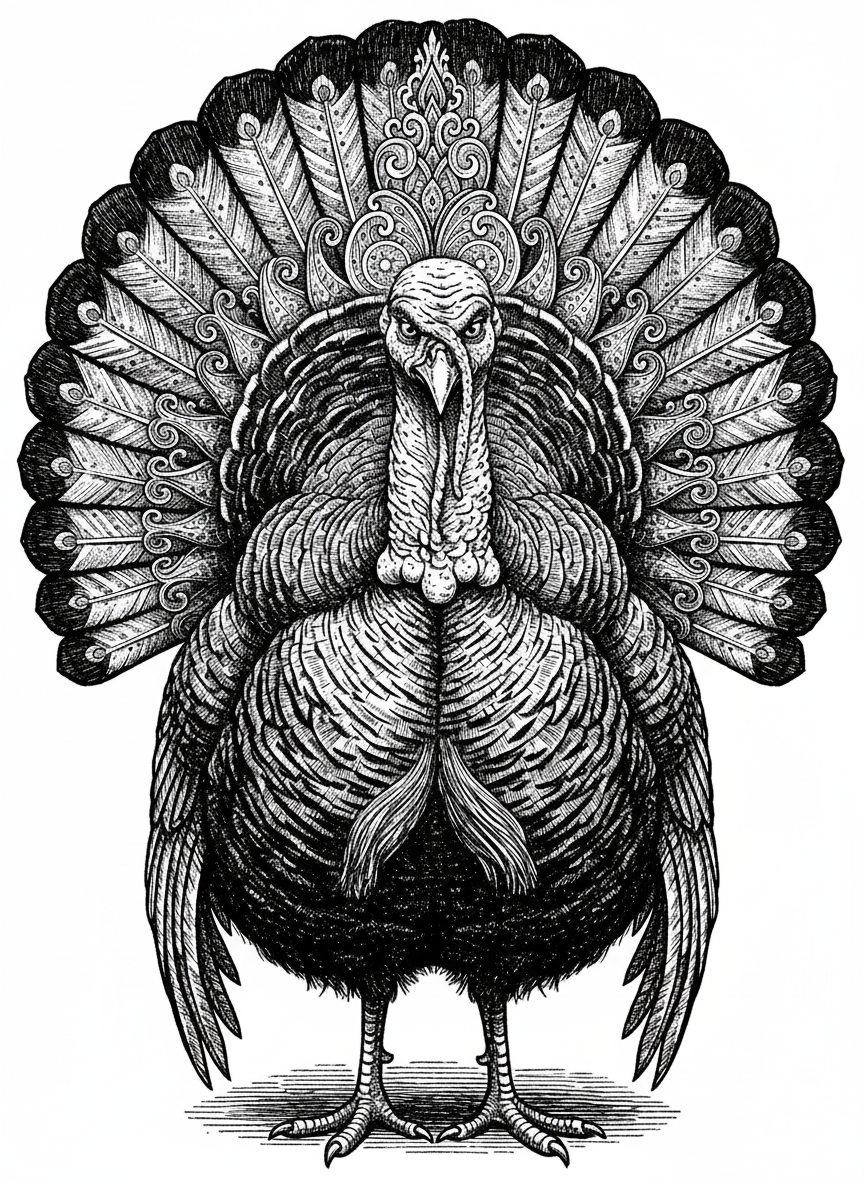Gobbles the Turkey - Black & White Illustration