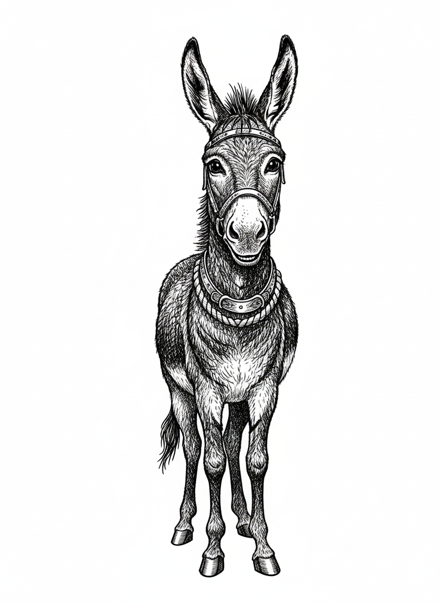 Daisy the Friendly Donkey - Black & White Illustration