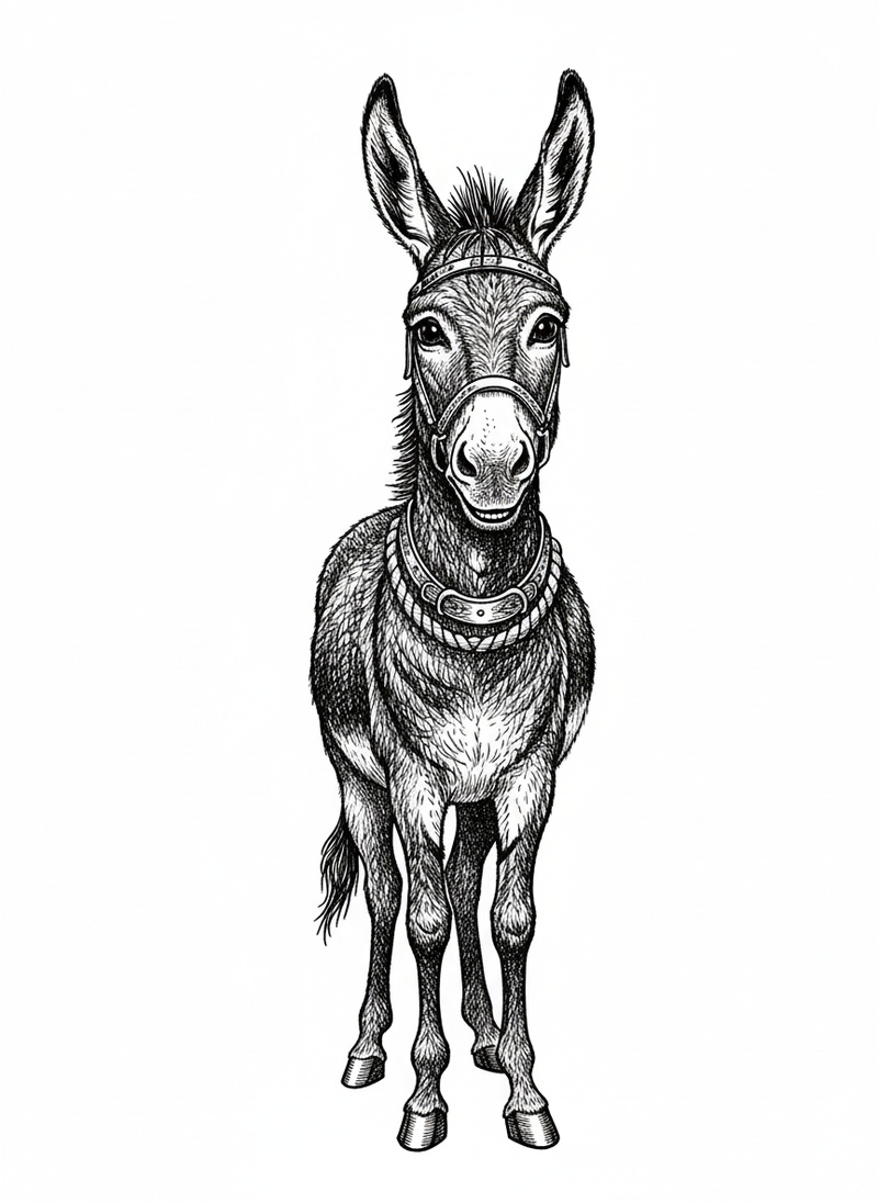 Daisy the Friendly Donkey in Victorian Illustration - Black & White Illustration