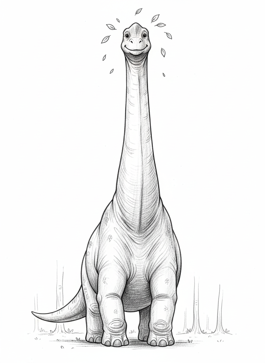 Stretch the Brachiosaurus - Black & White Illustration