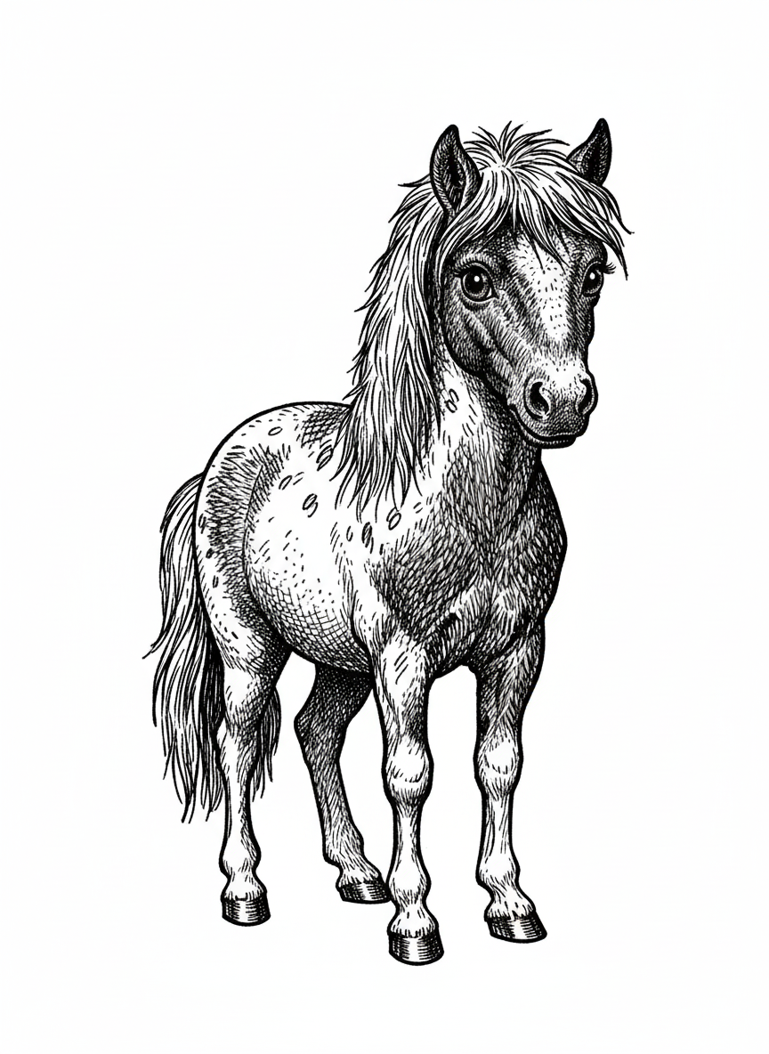 Patches the Spotted Pony - Black & White Illustration