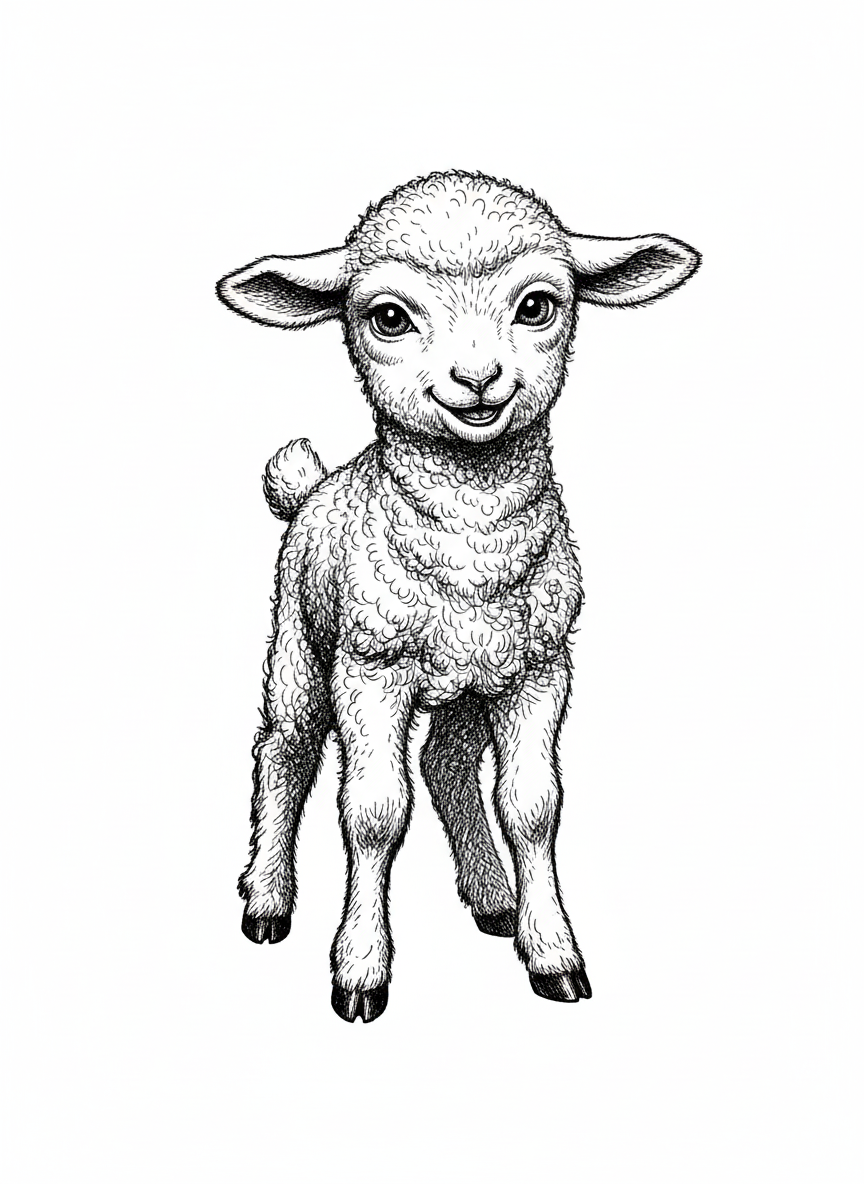 Lambchop the Baby Lamb - Black & White Illustration