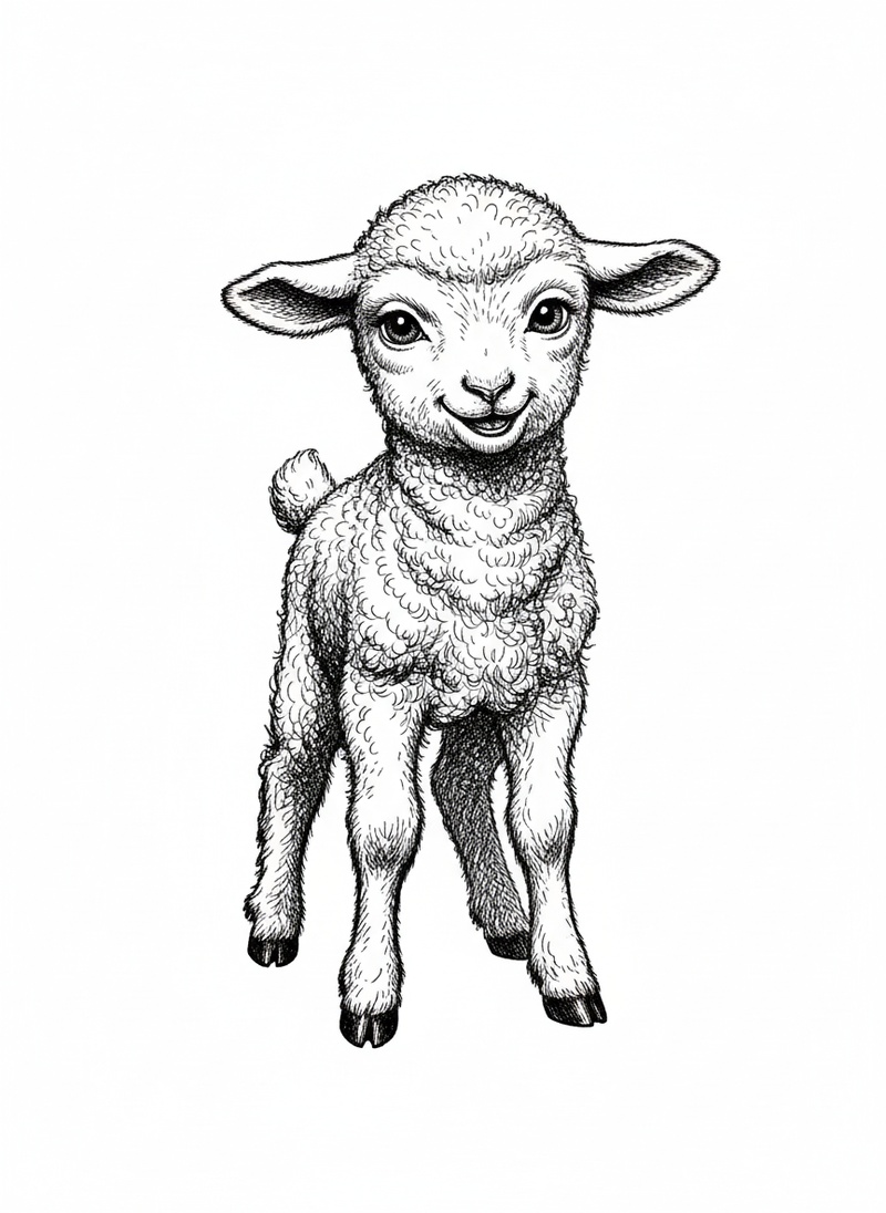 Lambchop the Baby Lamb in Victorian Illustration - Black & White Illustration