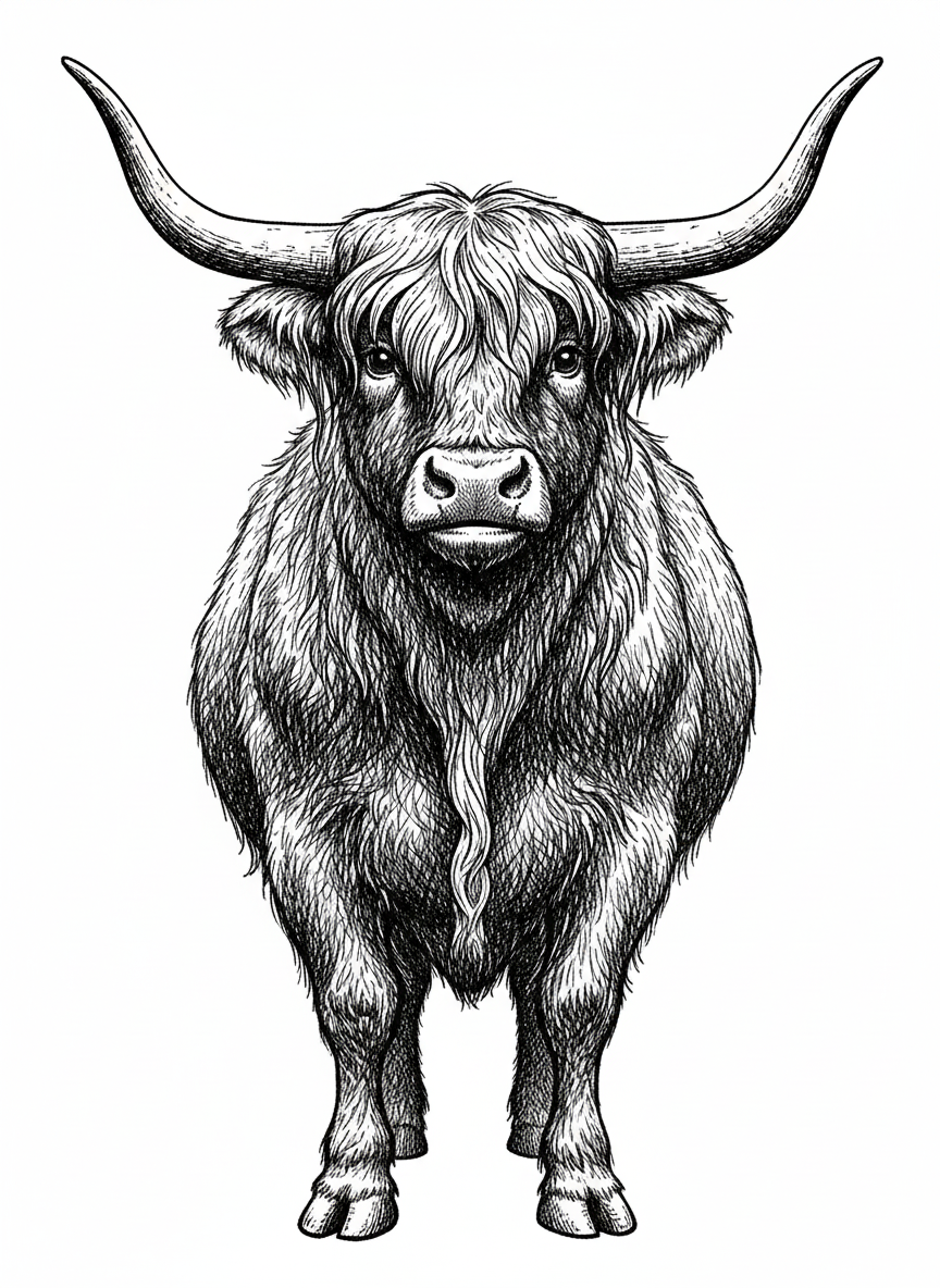 Angus the Highland Bull - Black & White Illustration
