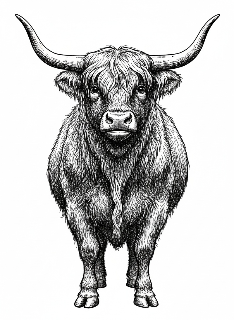 Angus the Highland Bull in Victorian Illustration - Black & White Illustration