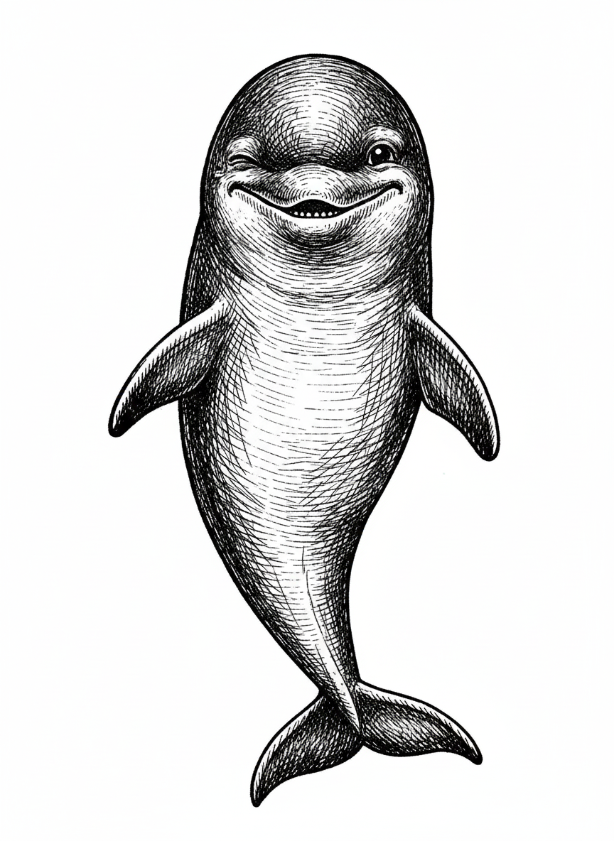 Finn the Friendly Dolphin - Black & White Illustration
