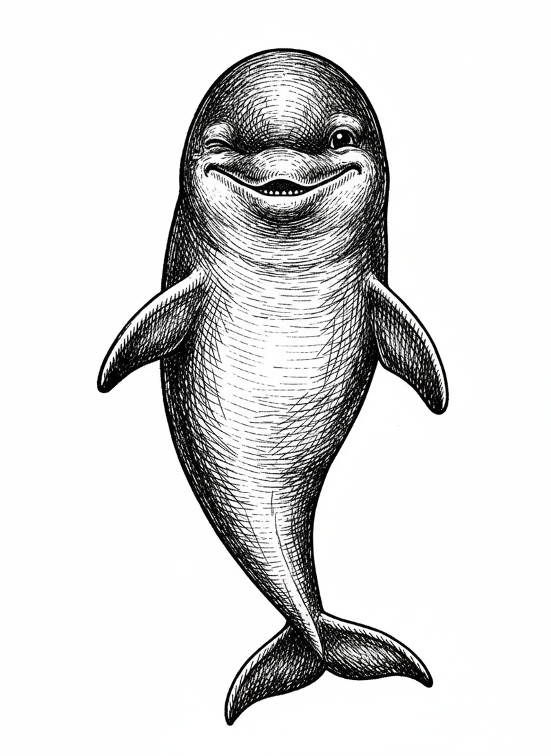Finn the Friendly Dolphin in Victorian Illustration - Black & White Illustration