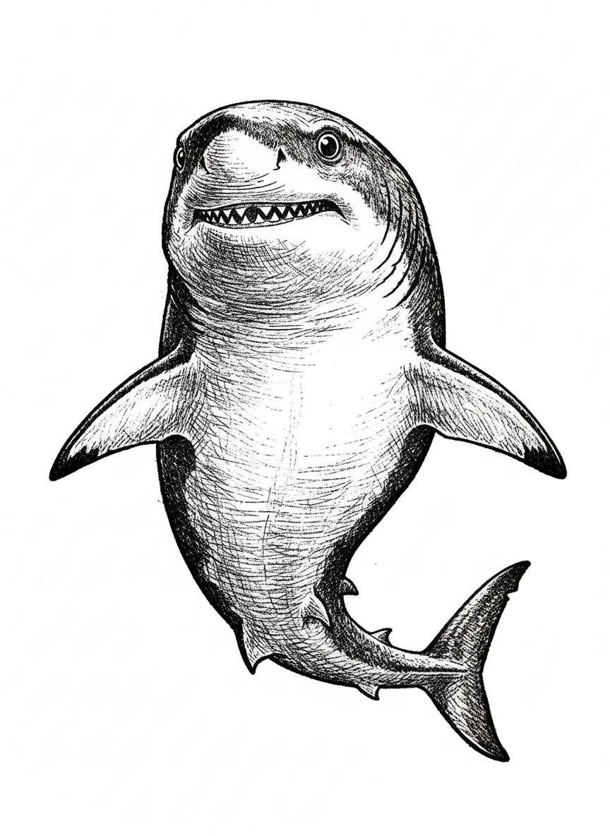 Jaws the Misunderstood Shark - Black & White Illustration