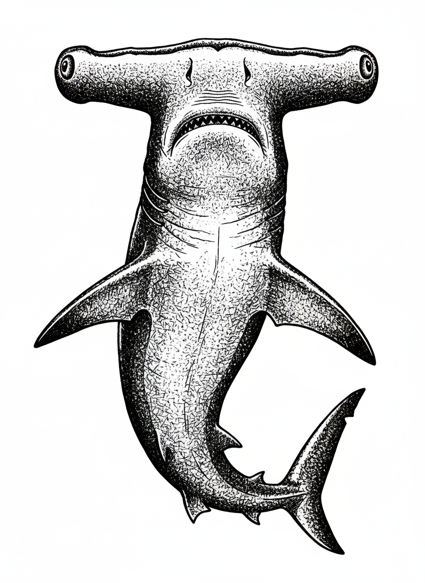 Chomper the Fierce Hammerhead - Black & White Illustration