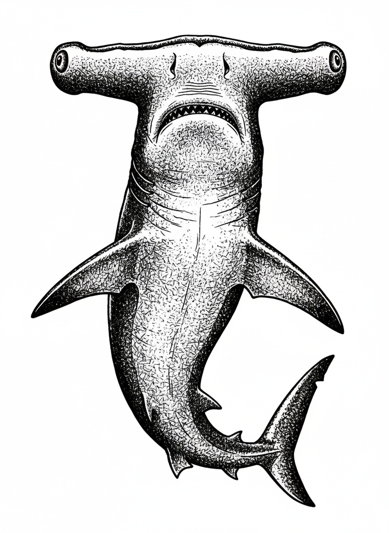 Chomper the Fierce Hammerhead in Victorian Illustration - Black & White Illustration