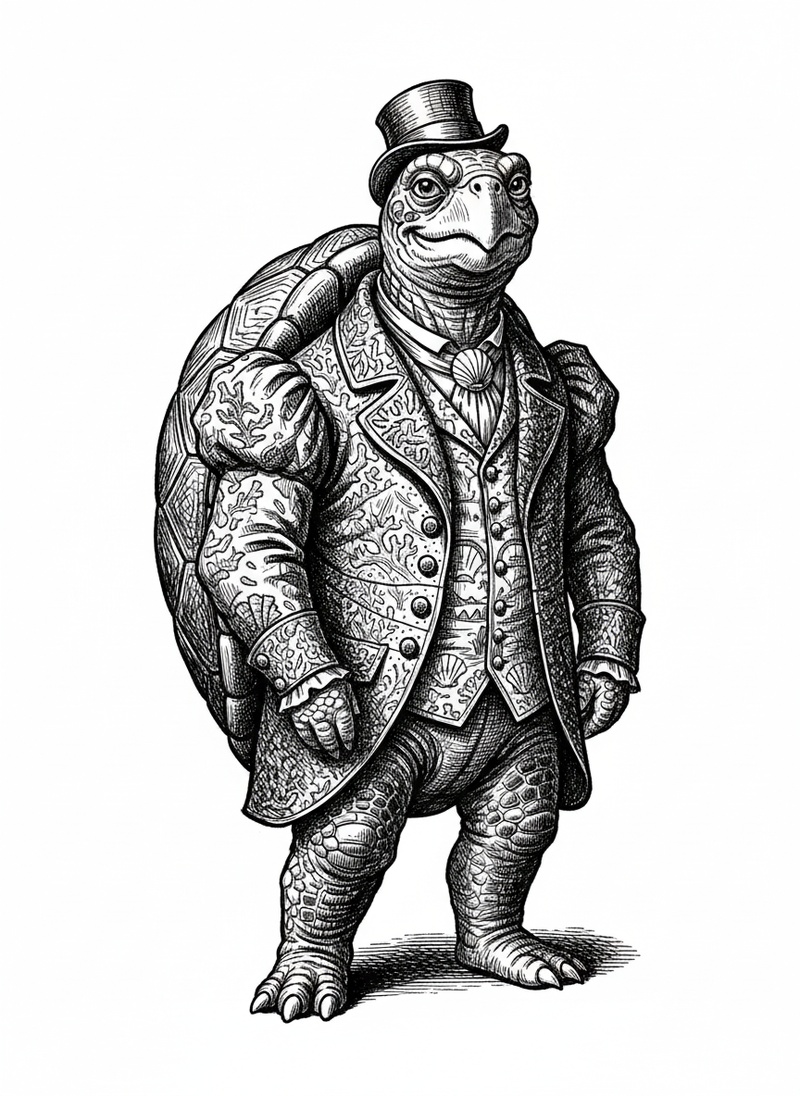 Shelly the Sea Turtle in Victorian Illustration - Black & White Illustration