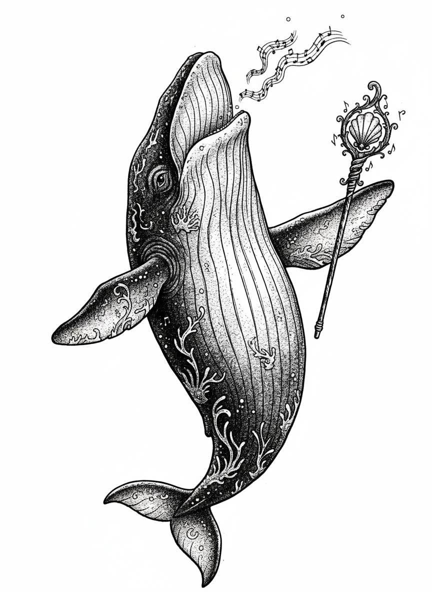 Bubbles the Humpback Whale - Black & White Illustration