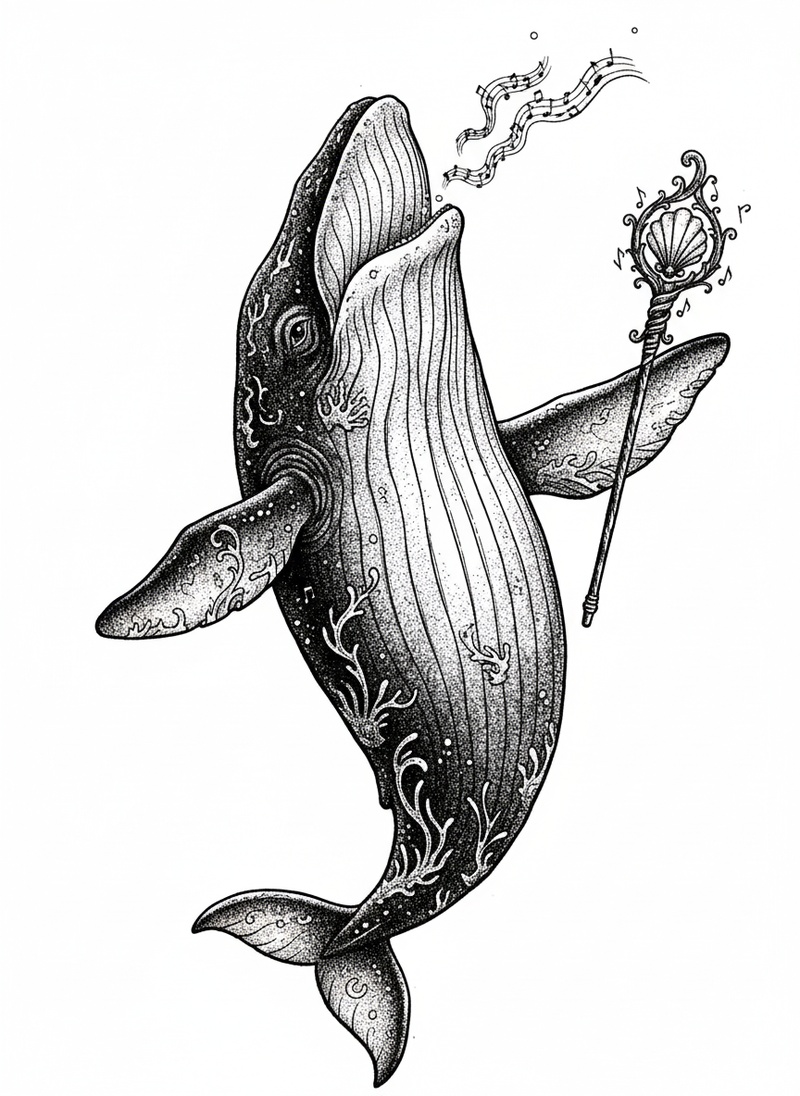 Bubbles the Humpback Whale in Victorian Illustration - Black & White Illustration