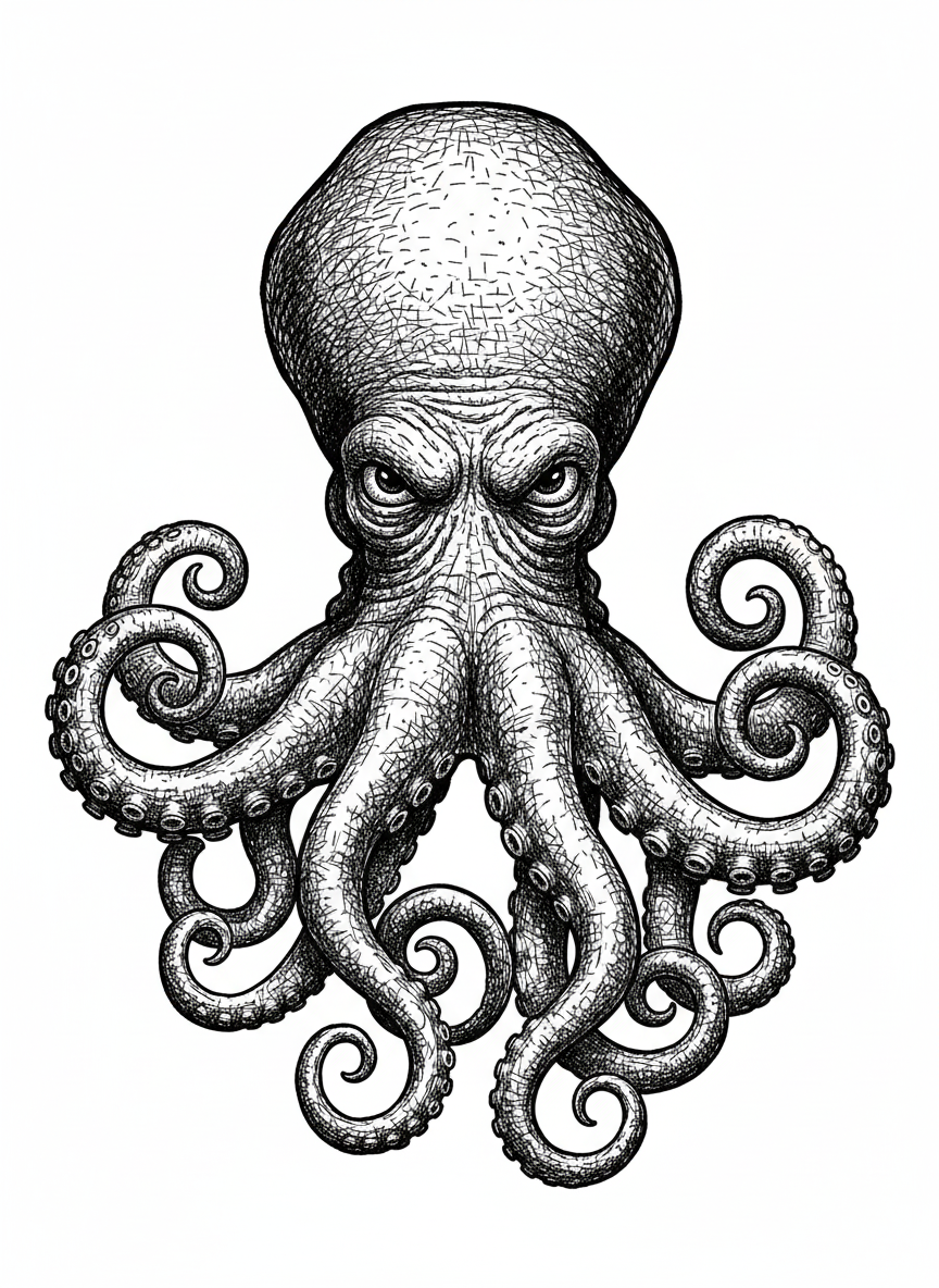 Inky the Clever Octopus - Black & White Illustration