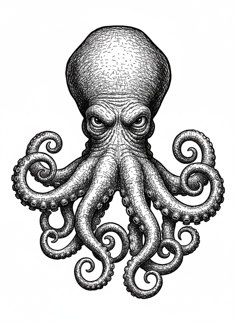 Inky the Clever Octopus in Victorian Illustration - Black & White Illustration