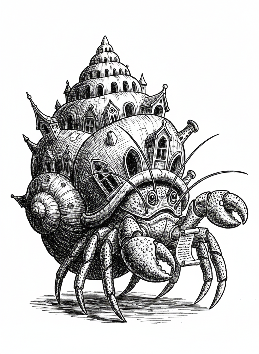 Pinchy the Hermit Crab - Black & White Illustration