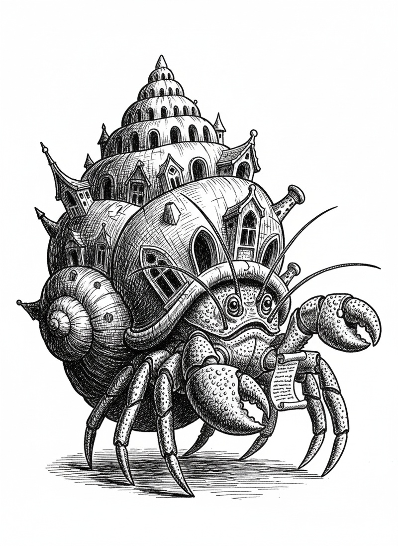 Pinchy the Hermit Crab in Victorian Illustration - Black & White Illustration