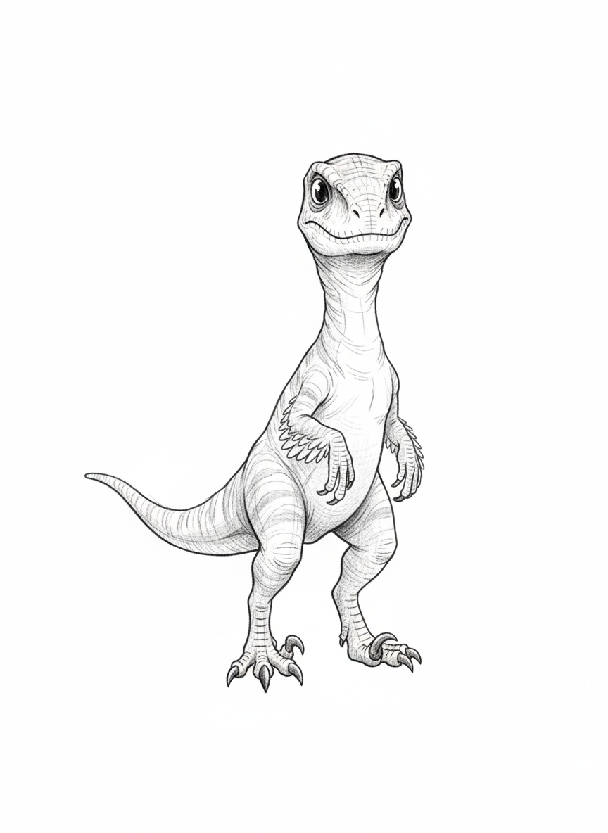 Zippy the Velociraptor - Black & White Illustration
