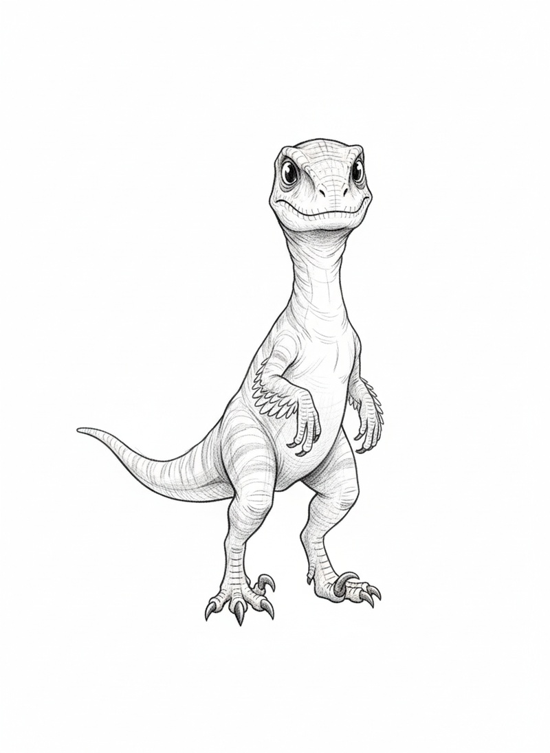 Zippy the Velociraptor in Gentle Pencil - Black & White Illustration