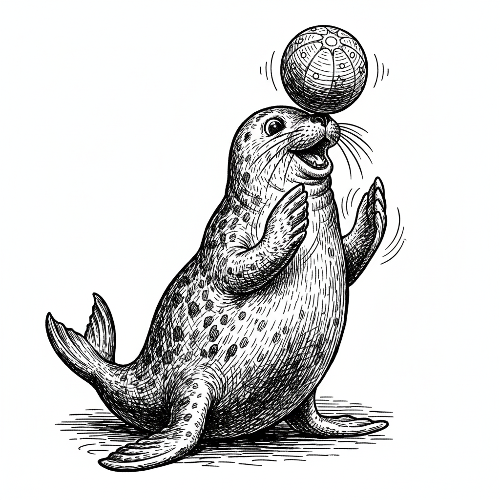 Giggles the Playful Seal - Black & White Illustration