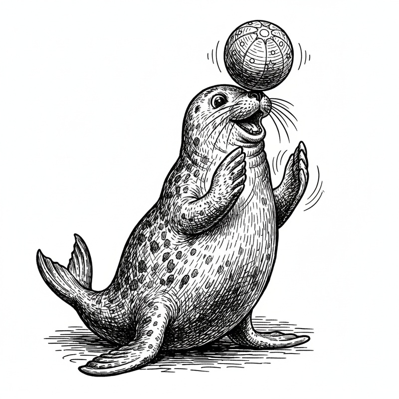 Giggles the Playful Seal in Victorian Illustration - Black & White Illustration