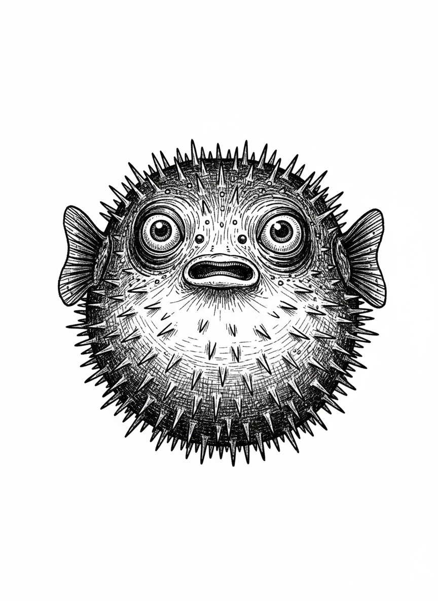 Spike the Pufferfish - Black & White Illustration