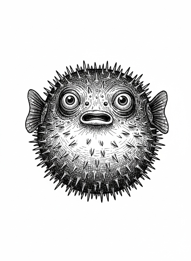 Spike the Pufferfish in Victorian Illustration - Black & White Illustration