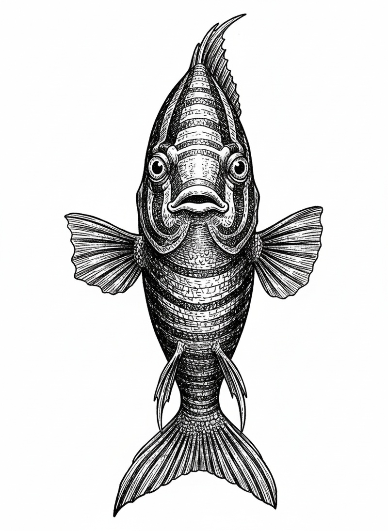 Shimmer the Tropical Fish in Victorian Illustration - Black & White Illustration