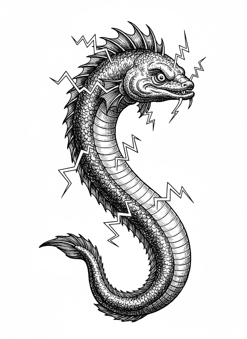 Zapper the Electric Eel - Black & White Illustration