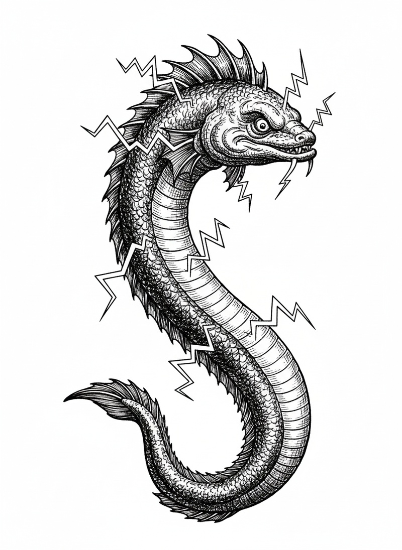 Zapper the Electric Eel in Victorian Illustration - Black & White Illustration