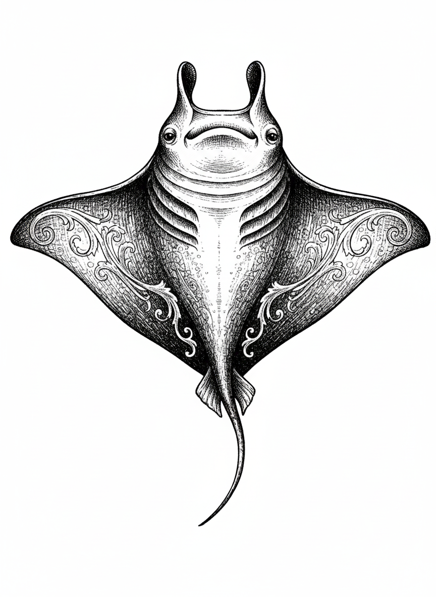 Splash the Manta Ray - Black & White Illustration
