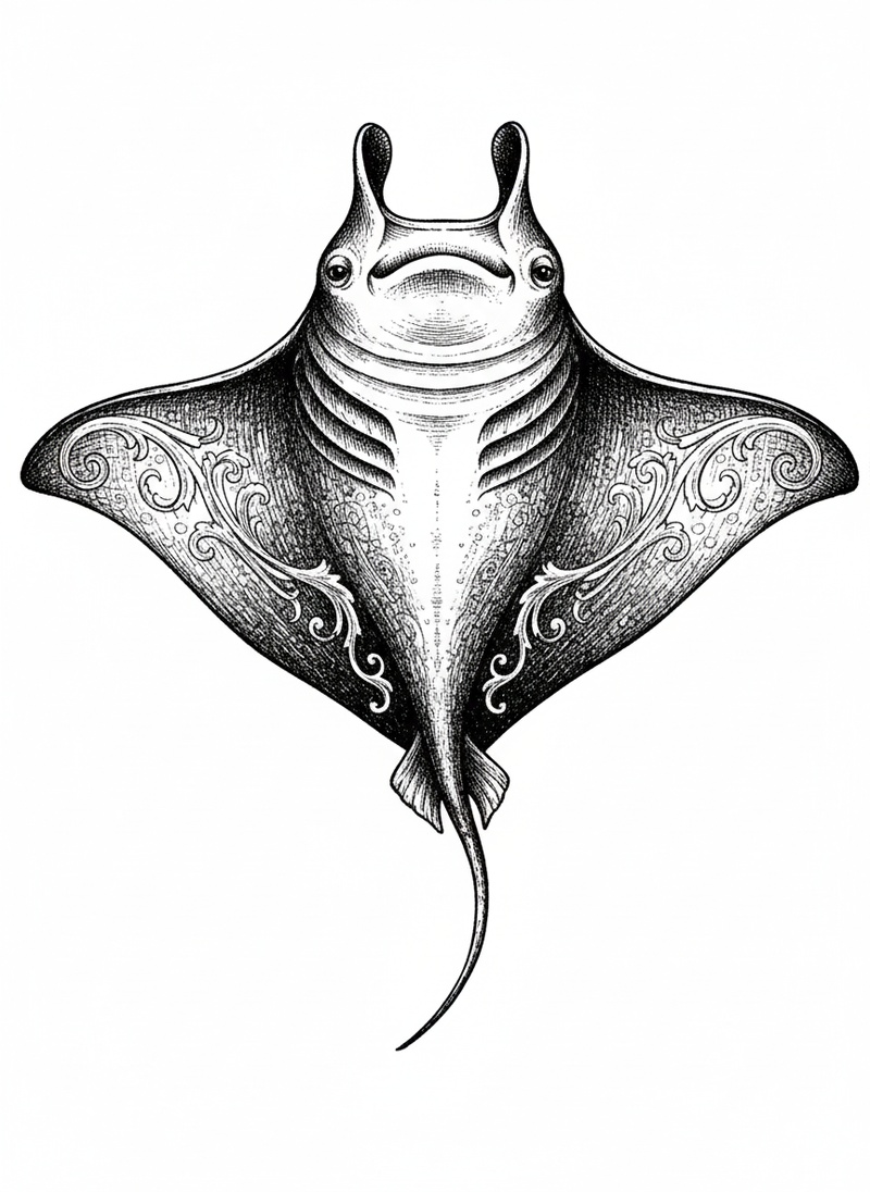 Splash the Manta Ray in Victorian Illustration - Black & White Illustration
