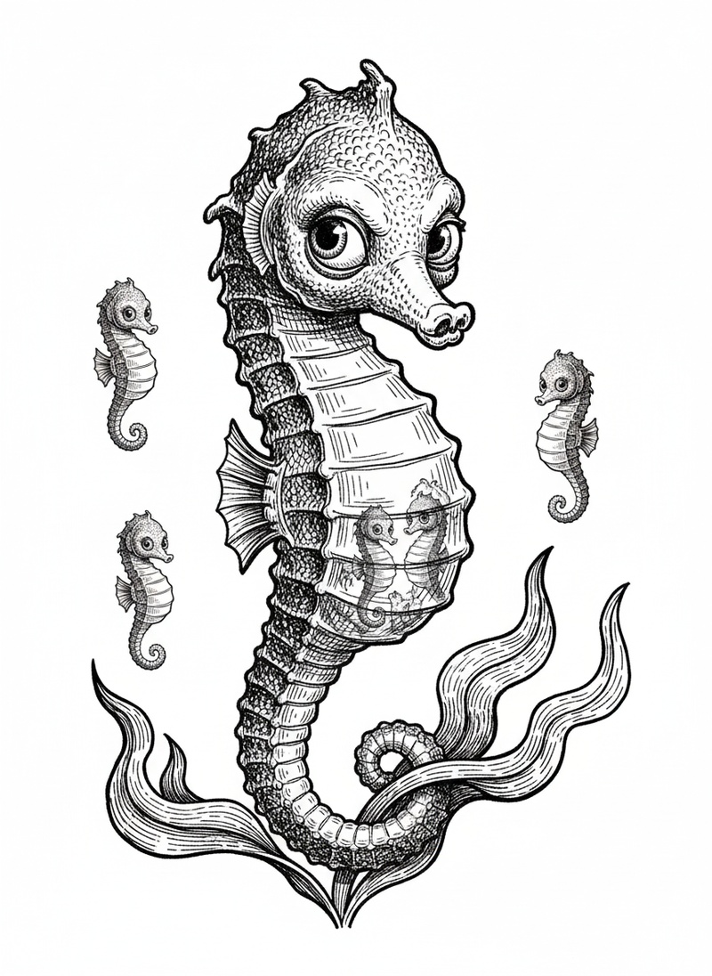 Squirt the Baby Seahorse in Victorian Illustration - Black & White Illustration