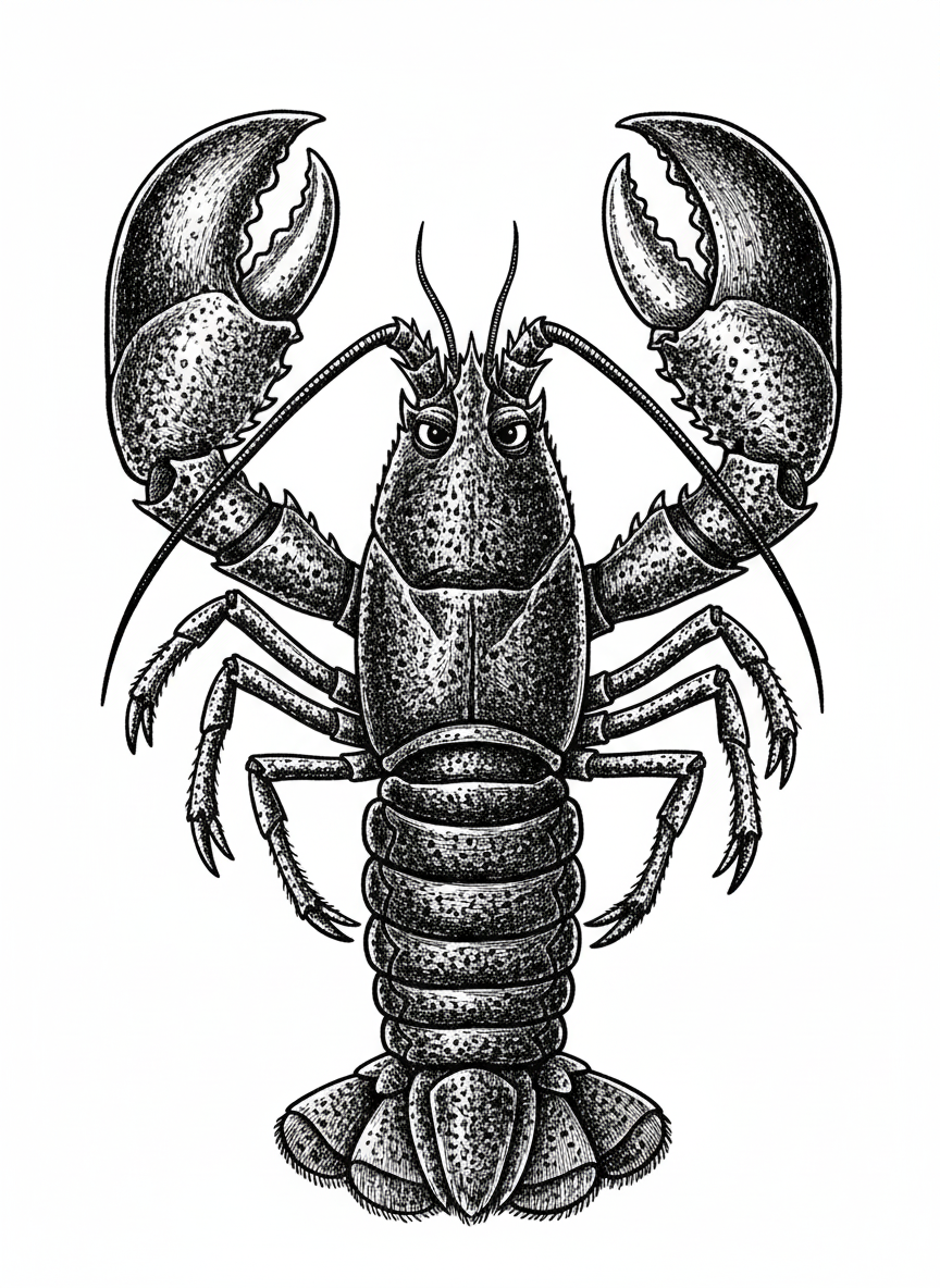 Snappy the Lobster - Black & White Illustration