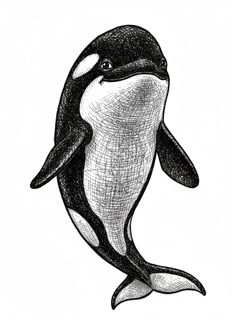 Pearl the Friendly Orca in Victorian Illustration - Black & White Illustration