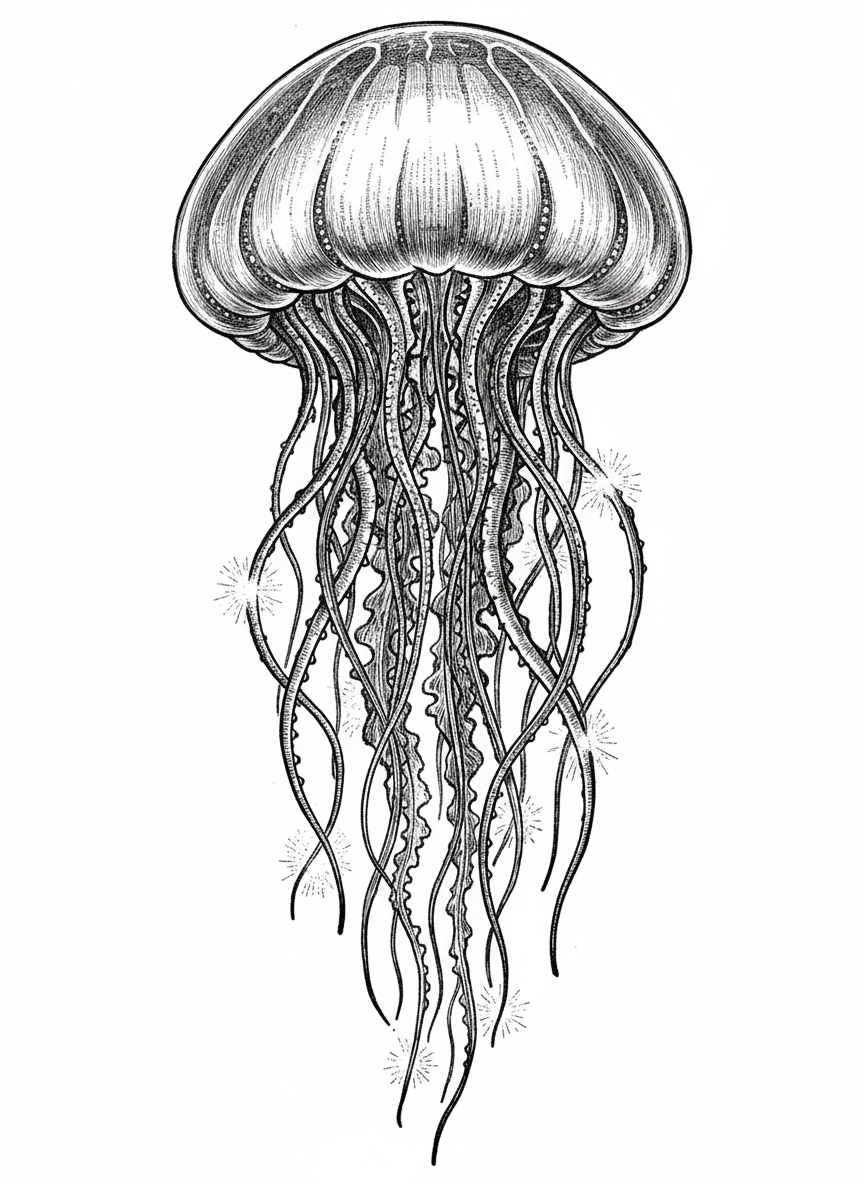 Stinger the Jellyfish - Black & White Illustration
