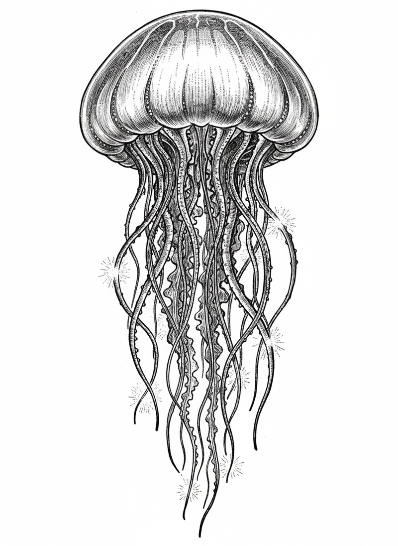 Stinger the Jellyfish in Victorian Illustration - Black & White Illustration