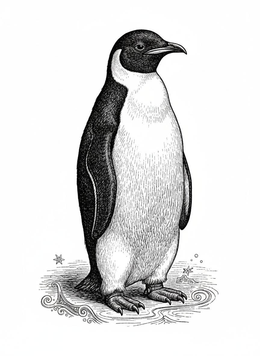 Waddles the Emperor Penguin - Black & White Illustration