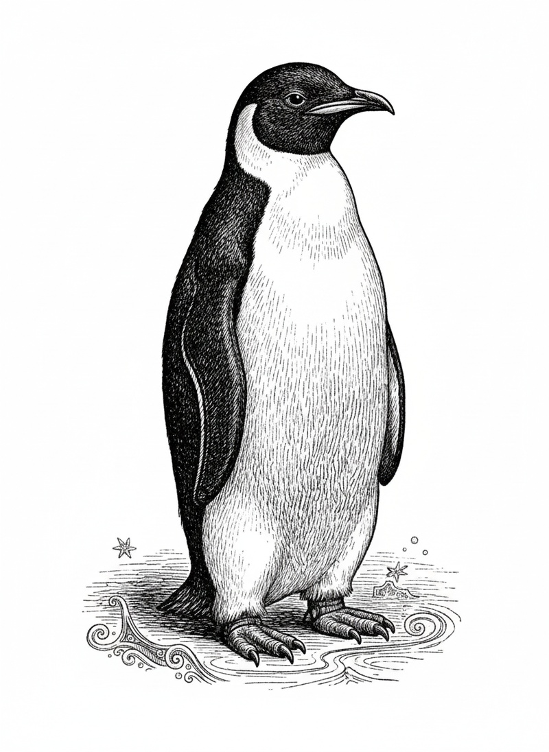 Waddles the Emperor Penguin in Victorian Illustration - Black & White Illustration